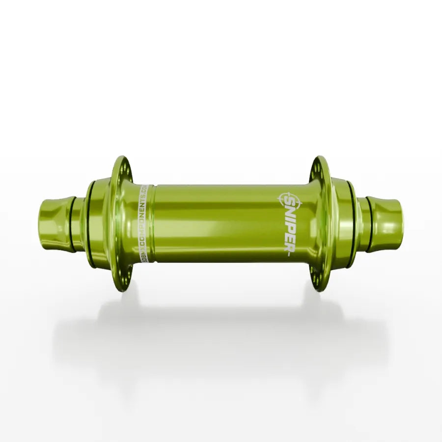 The SD-X Sniper Evo Air Expert 10mm Front Hub (28 Hole) features green anodized lightweight aluminum, flanges on both ends, "SNIPER" branding, and titanium bolts for strength—all displayed on a clean white background.
