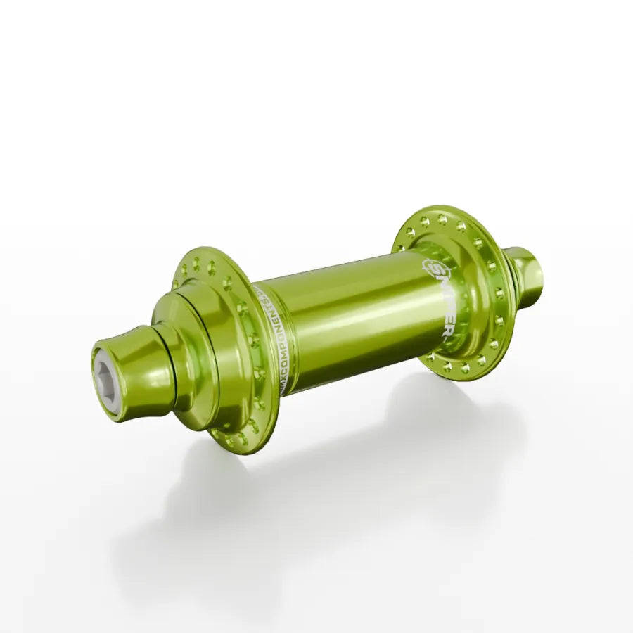 The SD-X Sniper Evo Air Expert 10mm Front Hub (28 Hole) is a green anodized, lightweight aluminium BMX racing front hub with 28 spoke holes and titanium bolts, shown on a white background.