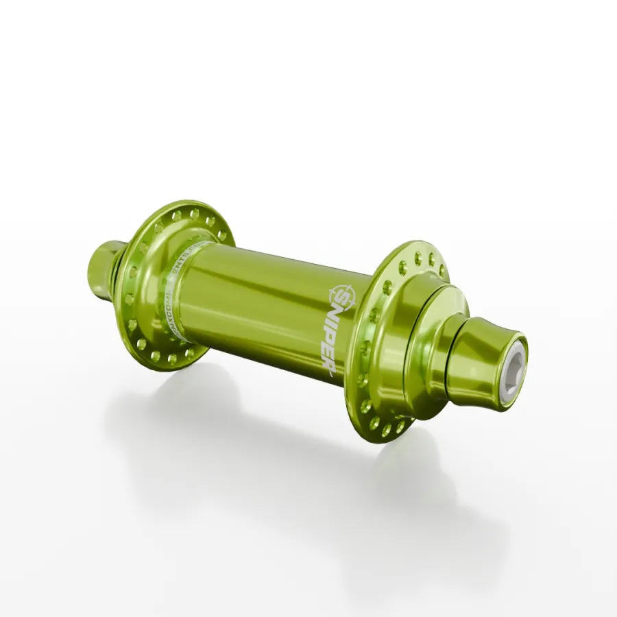 The SD-X Sniper Evo Air Expert 10mm Front Hub (28 Hole) is a green anodized BMX racing hub made from lightweight aluminum, designed for 28 spokes and shown on a white background.