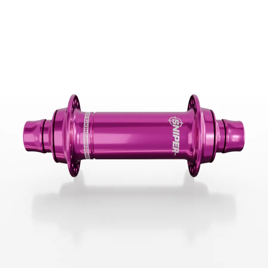 The SD-X Sniper Evo Air Expert 10mm Front Hub (28 Hole) is a shiny, metallic pink BMX racing hub with "SNIPER" on its cylindrical, lightweight aluminium body, displayed against a plain white background.