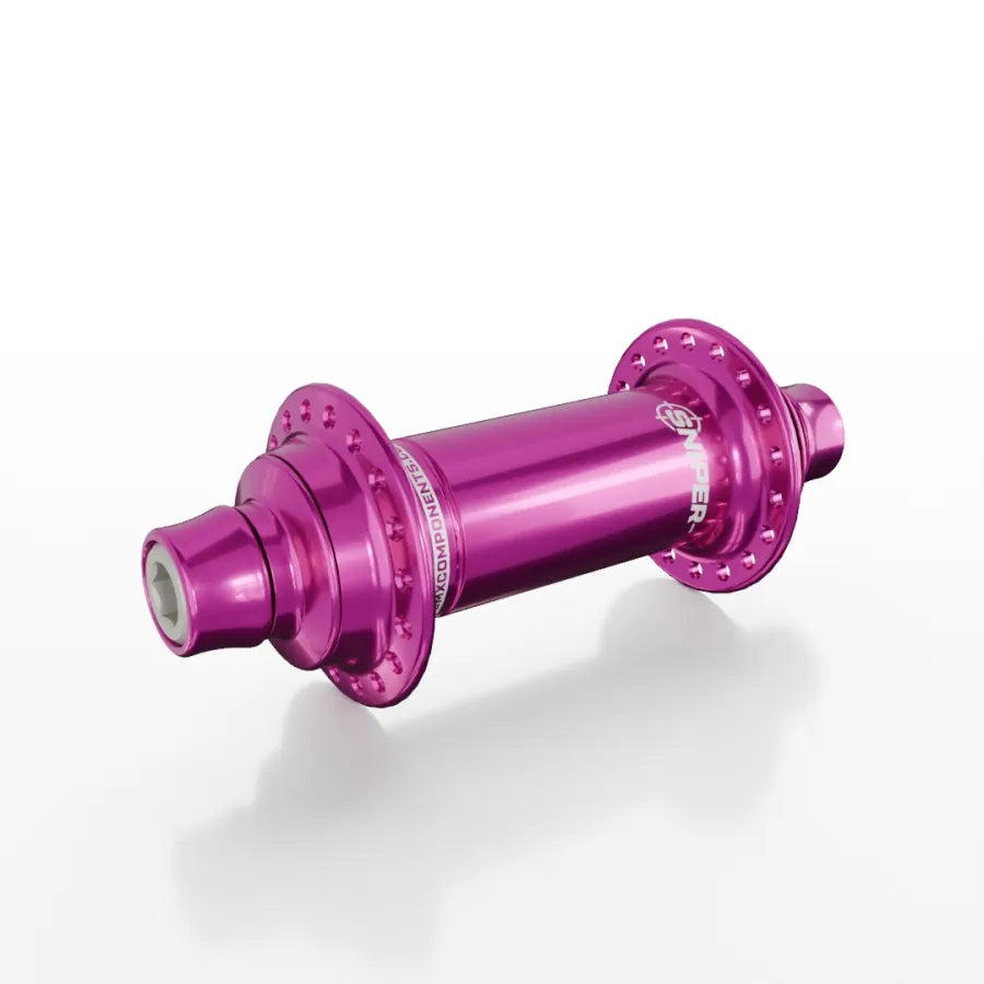 The SD-X Sniper Evo Air Expert 10mm Front Hub (28 Hole) is a lightweight metallic pink BMX racing front hub with multiple spoke holes and titanium bolts, shown on a white background.