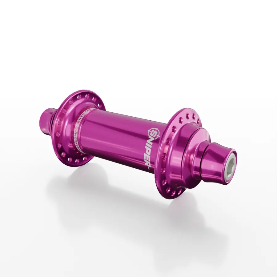 The SD-X Sniper Evo Air Expert 10mm Front Hub (28 Hole), a metallic pink BMX front hub made from lightweight aluminum, is shown on a white background.