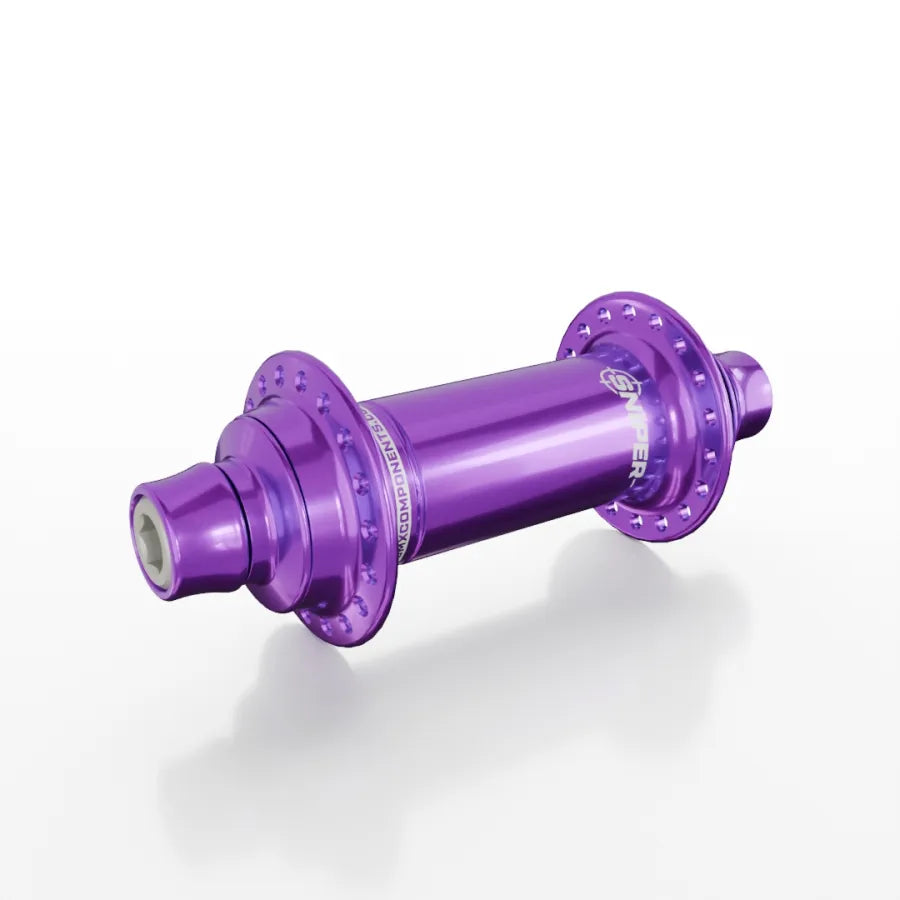 The SD-X Sniper Evo Air Expert 10mm Front Hub (28 Hole) is a lightweight aluminum BMX racing front hub in purple anodized finish with multiple spoke holes and titanium bolts, shown on a white background.