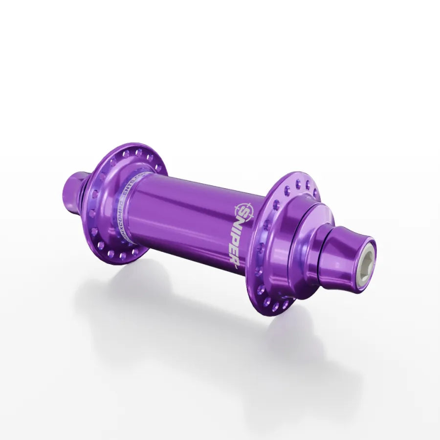 The SD-X Sniper Evo Air Expert 10mm Front Hub (28 Hole) is a lightweight purple anodized aluminum BMX racing hub with titanium bolts, 28 spoke holes, and the SNIPER logo on the side, shown against a white background.