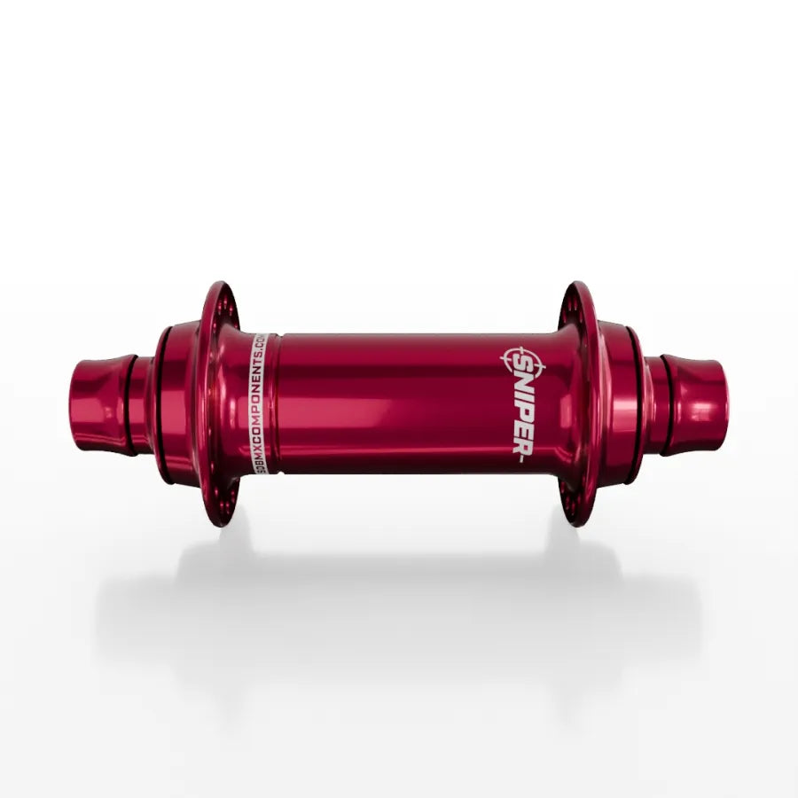 The SD-X Sniper Evo Air Expert 10mm Front Hub (28 Hole), a red anodized BMX racing front hub with titanium bolts, is labeled “SNIPER” and displayed horizontally on a plain white background.