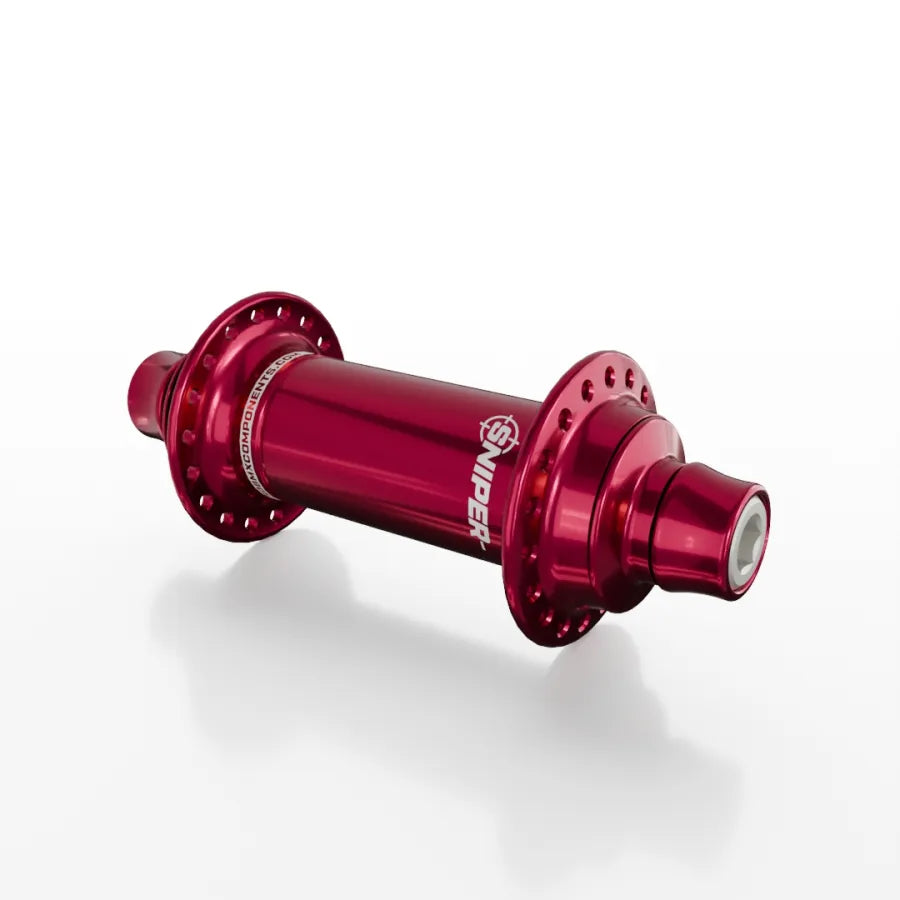 The SD-X Sniper Evo Air Expert 10mm Front Hub (36 Hole) is a red anodized BMX racing hub made from lightweight aluminum, labeled "SNIPER," and shown on a white background.