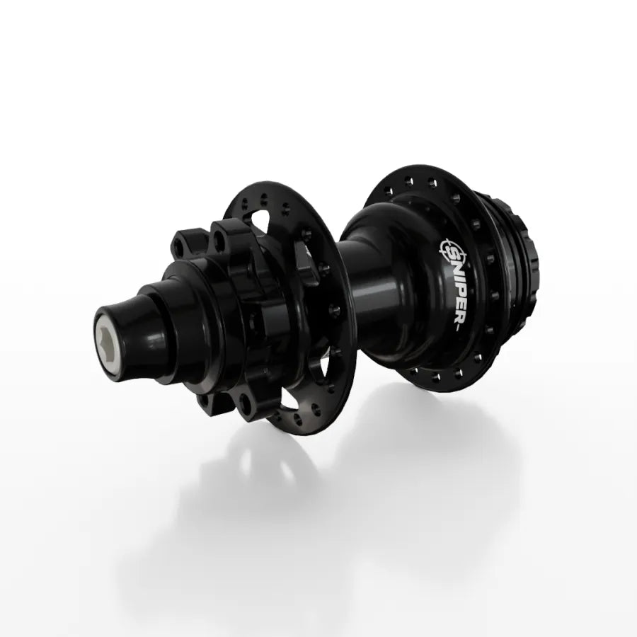 The SD-X Sniper Evo Air Expert 10mm Rear Hub (28 Hole) is a black aluminum BMX rear hub labeled "SNIPER," designed for quick power transfer, shown on a white background.
