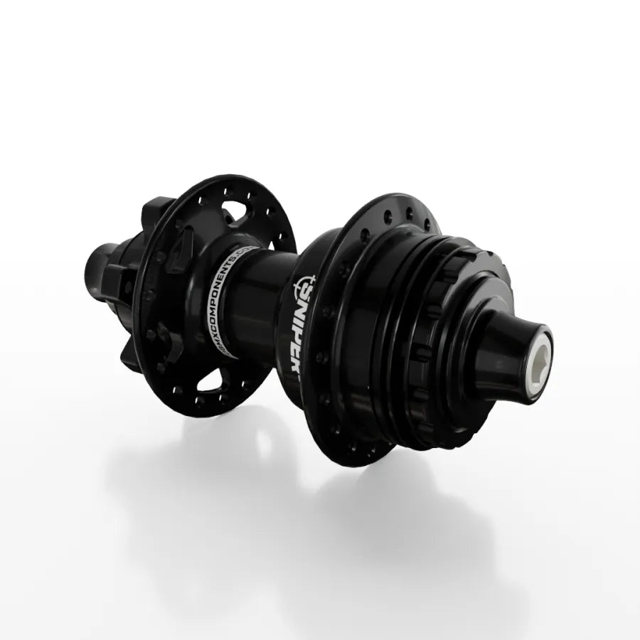 The SD-X Sniper Evo Air Expert 10mm Rear Hub (36 Hole) is a black BMX rear hub labeled "SNIPER," shown on a white background—lightweight and perfect for high-performance racing.