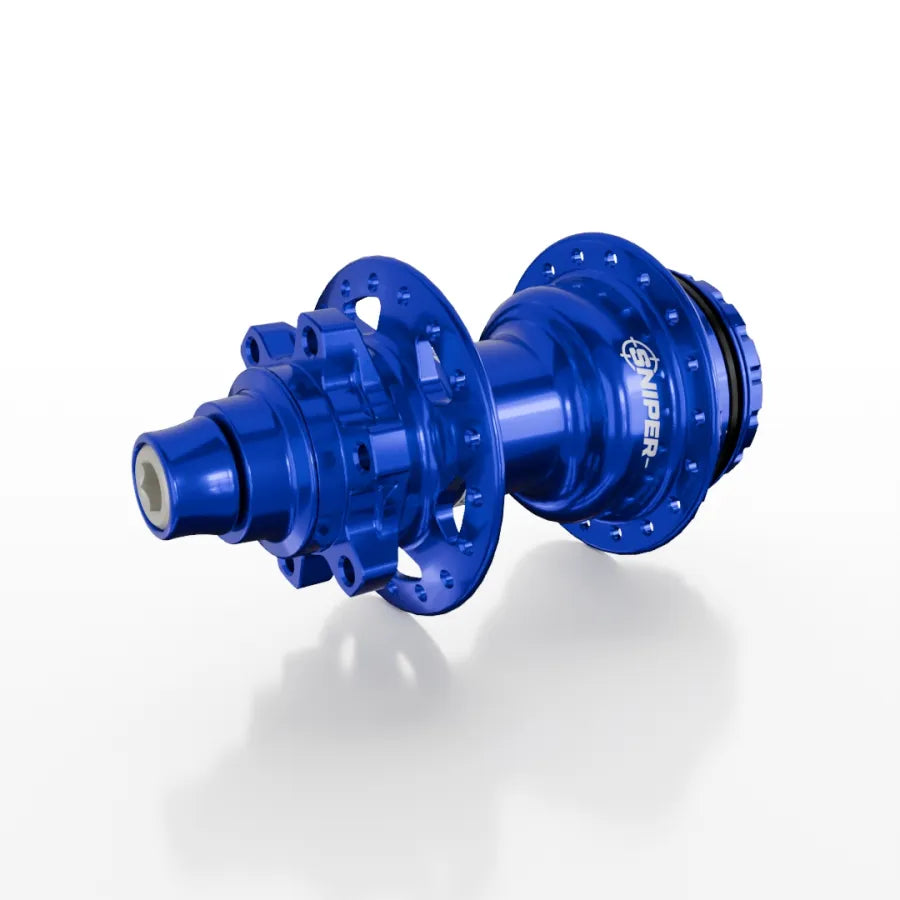 The SD-X Sniper Evo Air Expert 10mm Rear Hub (36 Hole), shown on a white background, is a blue anodized BMX racing hub designed for instant engagement, high performance, and lightweight durability.