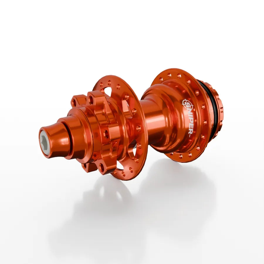 The SD-X Sniper Evo Air Expert 10mm Rear Hub (36 Hole) is a metallic orange BMX rear hub featuring bold "SNIPER" branding, multiple spoke holes, and lightweight construction—ideal for racing—shown on a clean white background.
