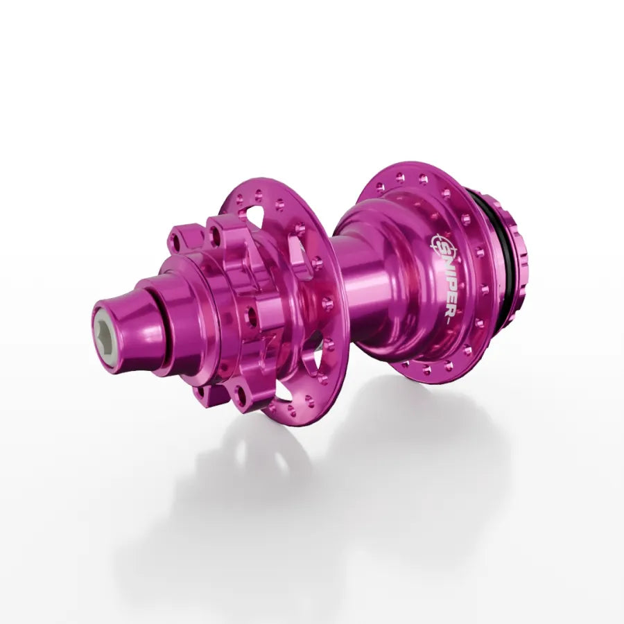 The SD-X Sniper Evo Air Expert 10mm Rear Hub (36 Hole) in metallic pink features the "SNIPER" logo, multiple spoke holes, and is lightweight for instant engagement and top BMX racing performance. Displayed on a white background.