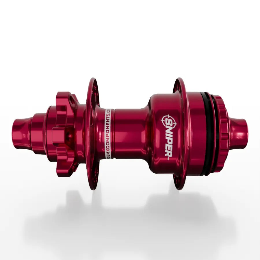 A close-up of the SD-X Sniper Evo Air Expert 10mm Rear Hub (36 Hole) in red anodized finish, displaying "SNIPER" branding and its lightweight racing hub design against a plain white background.