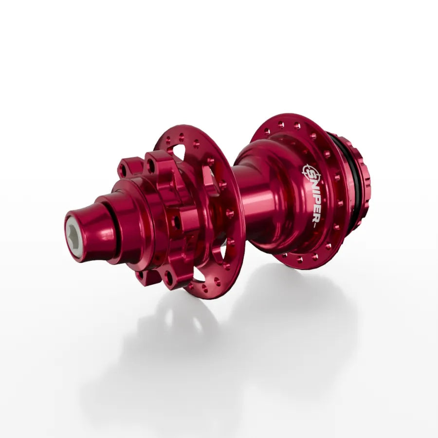 The SD-X Sniper Evo Air Expert 10mm Rear Hub (36 Hole) is a lightweight, shiny red anodized BMX racing hub featuring the "Sniper" logo, photographed on a white background.