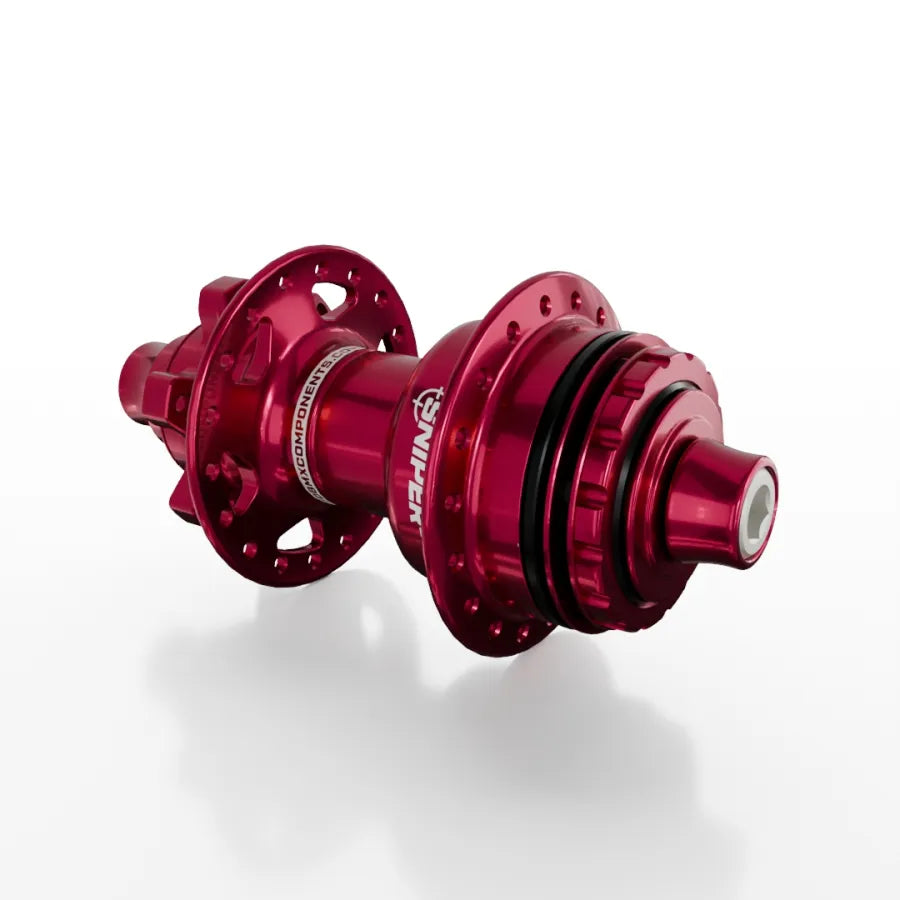 The SD-X Sniper Evo Air Expert 10mm Rear Hub (36 Hole) is a red anodized lightweight racing hub with multiple spoke holes, a freehub body, and engraved branding, shown on a white background.