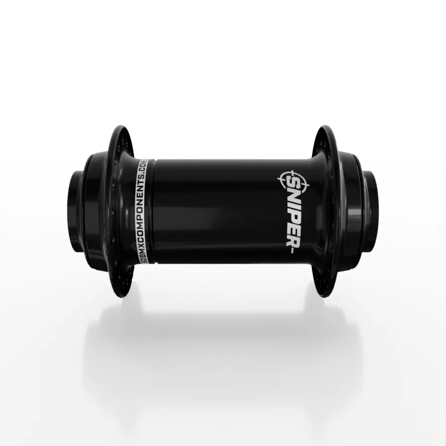 The SD-X Sniper Evo Pro 20mm Front Hub (36 Hole) in black, featuring "SNIPER" branding on the side, is displayed against a white background as a premium BMX front hub.