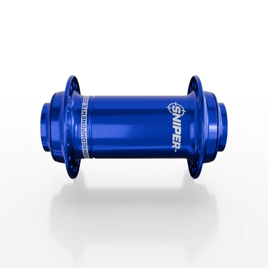The SD-X Sniper Evo Pro 20mm Front Hub (36 Hole) features blue anodizing, "SNIPER" branding, and is designed as a BMX front hub, shown on a white background.