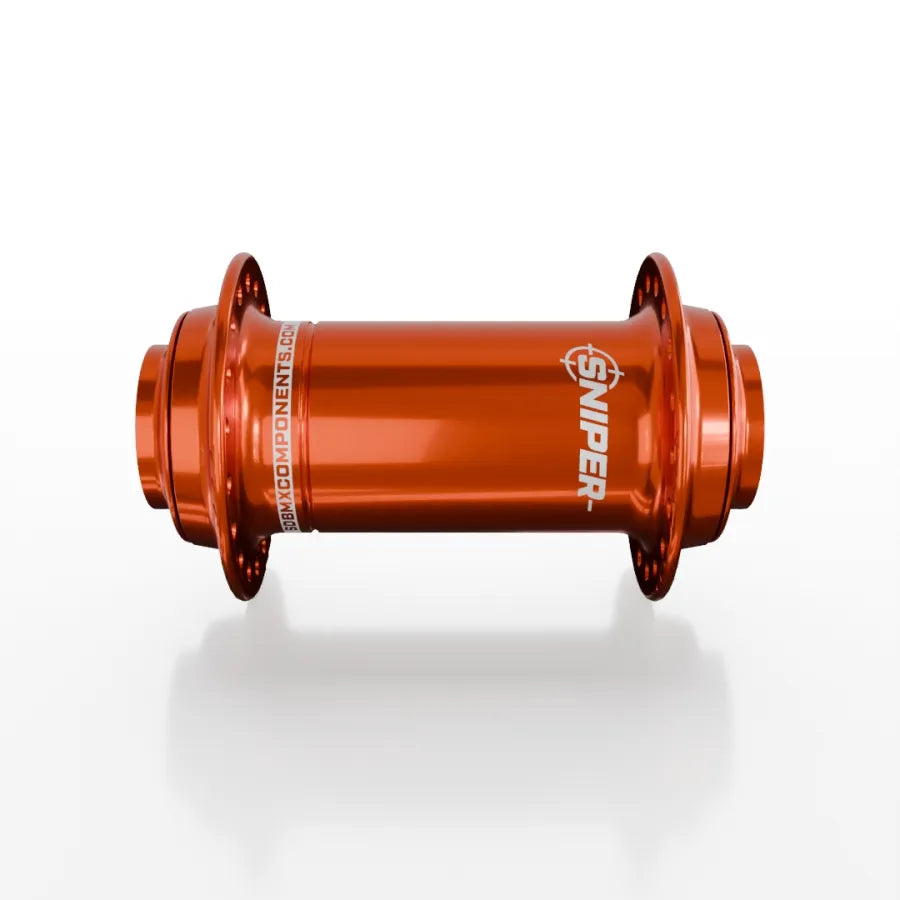 The SD-X Sniper Evo Pro 20mm Front Hub (36 Hole) is an orange anodized BMX hub shown on a white background, featuring "SNIPER" labeling and 36 spoke holes.