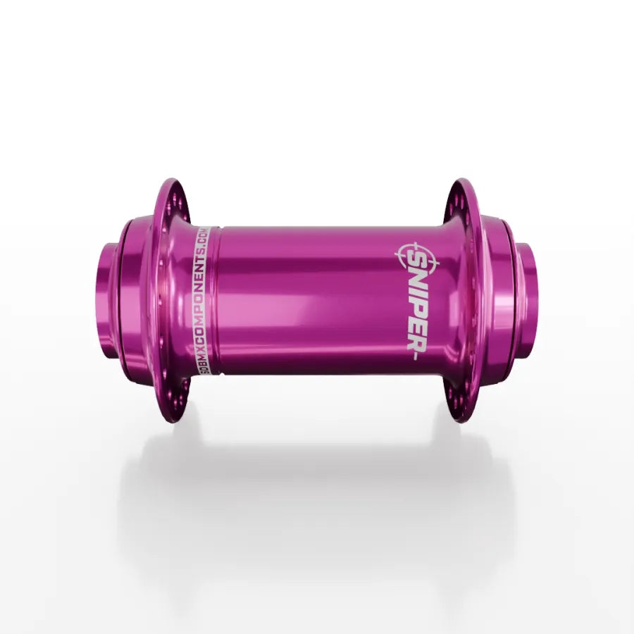 The SD-X Sniper Evo Pro 20mm Front Hub (36 Hole) in metallic pink is displayed against a plain white background, highlighting its "SNIPER" branding and BMX-ready design.