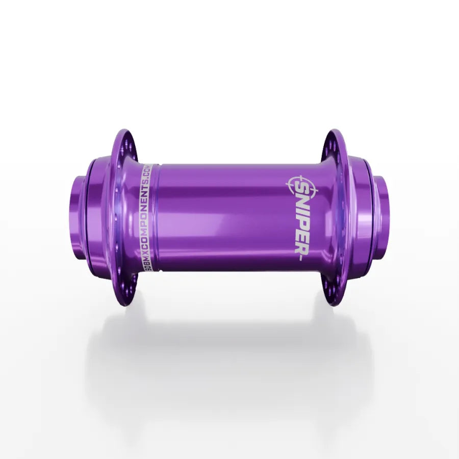 The SD-X Sniper Evo Pro 20mm Front Hub (36 Hole), finished in purple anodizing and built for BMX, is shown on a plain white background.
