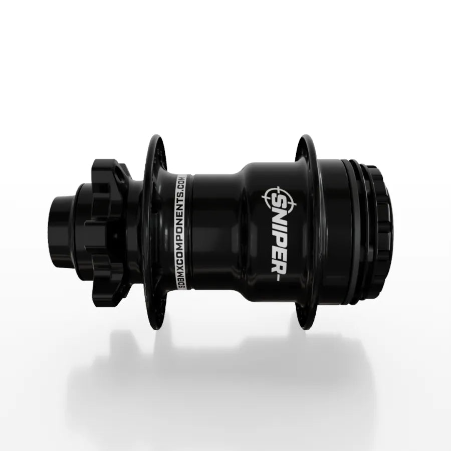 The SD-X Sniper Evo Pro 15mm Rear Hub (36 Hole), in black with “SNIPER” branding, is made from durable 7075 aluminium and shown side-on against a white background.