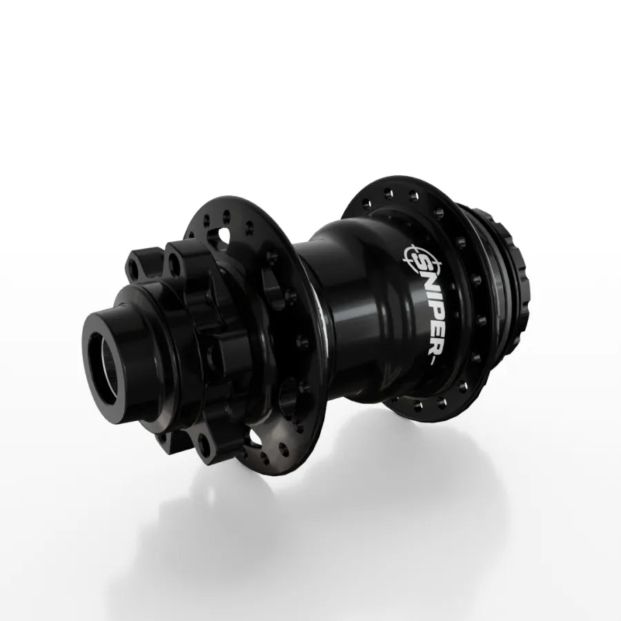 The SD-X Sniper Evo Pro 15mm Rear Hub (36 Hole) features bold "SNIPER" branding on black 7075 aluminum and is shown on a white background.