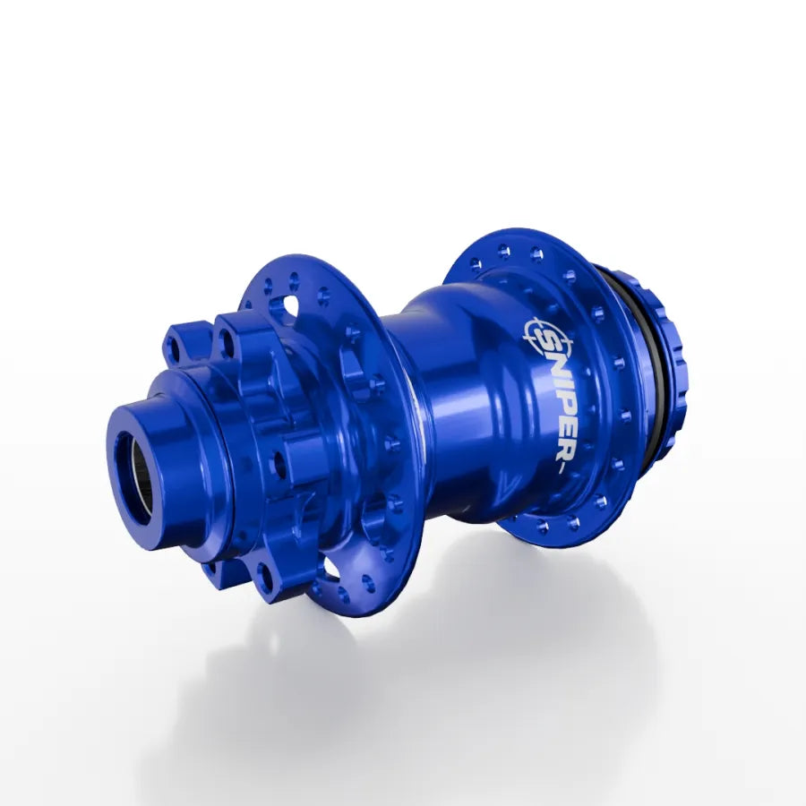 The SD-X Sniper Evo Pro 15mm Rear Hub (36 Hole) is a blue anodized BMX rear hub made from 7075 aluminium, featuring 36 spoke holes and the "SNIPER" logo boldly displayed on the side.