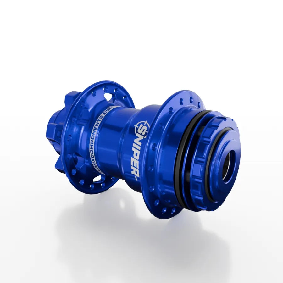 The SD-X Sniper Evo Pro 15mm Rear Hub (36 Hole) in blue anodized 7075 aluminum features a direct engagement mechanism and is showcased against a white background.
