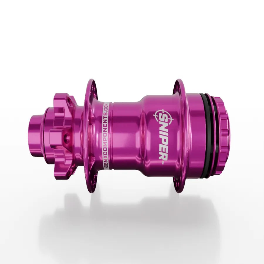 A metallic pink SD-X Sniper Evo Pro 15mm Rear Hub (36 Hole), made from premium 7075 aluminium, is displayed on a white background.