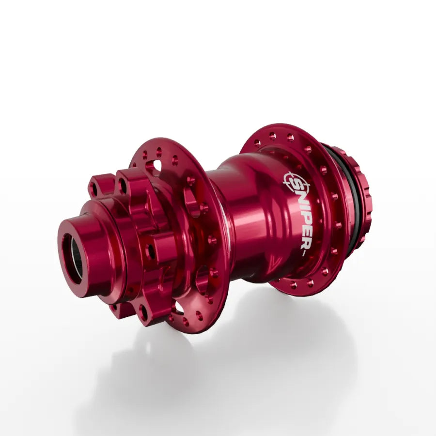 A red anodized SD-X Sniper Evo Pro 15mm Rear Hub (36 Hole), made from durable 7075 aluminium, is displayed on a white background.