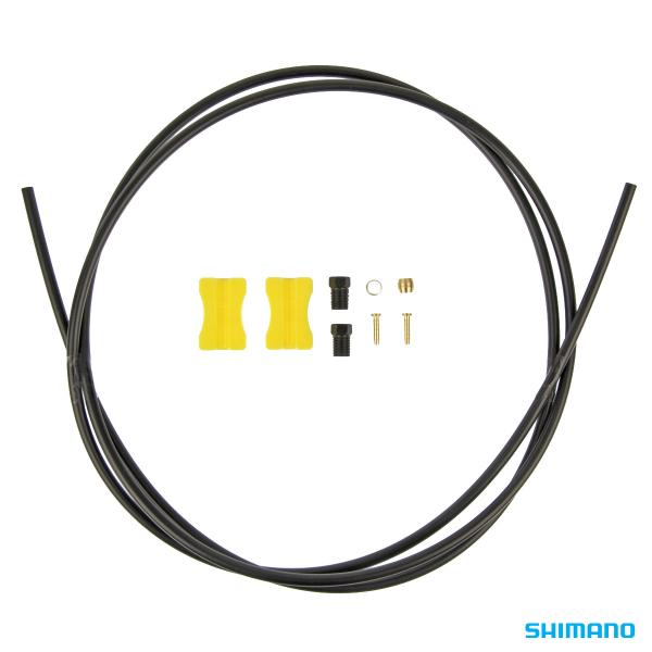 Shimano BH59-SB Disc Brake Hose kit includes a black hose, straight connect fitting, two yellow spacers, connectors, and small metal fittings.