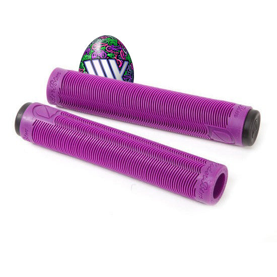 Mike Hoder's signature S&M Hoder Grips, a pair of purple bike handlebar grips on a white background.