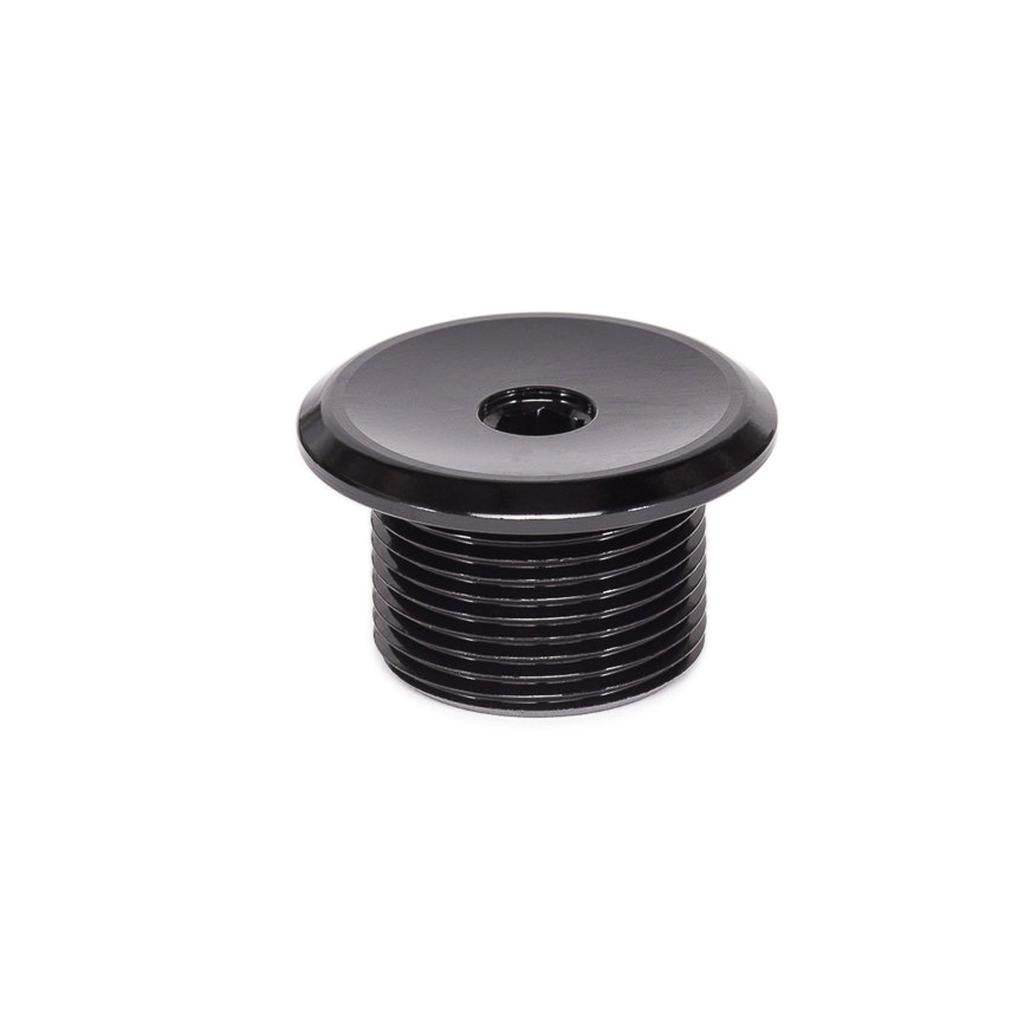 The Salt Plus HQ M24 Fork Preload Bolt is a black, threaded metal replacement with a flat, wide top and central hole. Shown on a white background, it’s designed for the SaltPlus HQ fork.