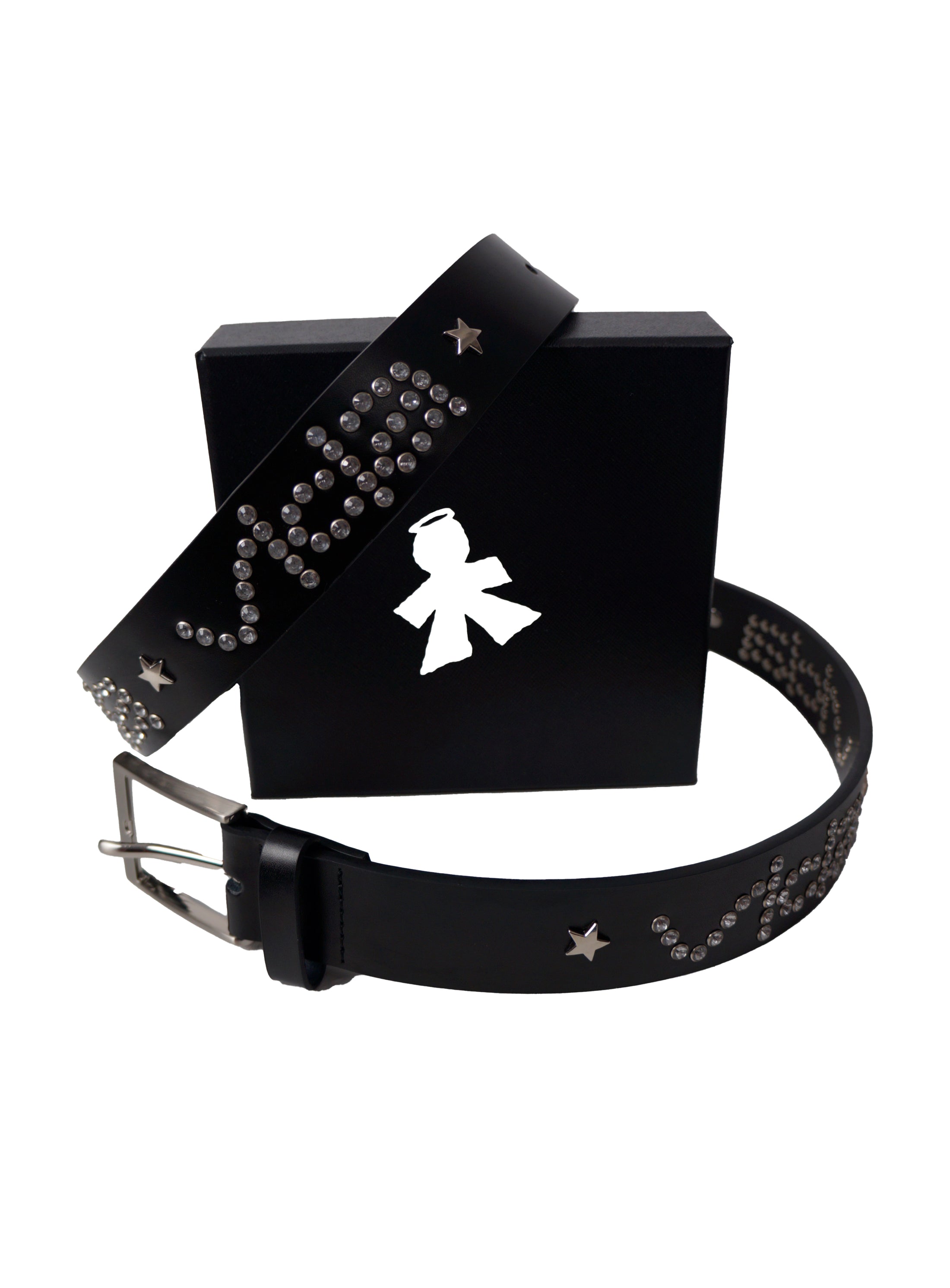 The V1da Studded Leather Belt, crafted from genuine leather with silver studs and star accents, is showcased in front of a black box adorned with a white angel silhouette logo.