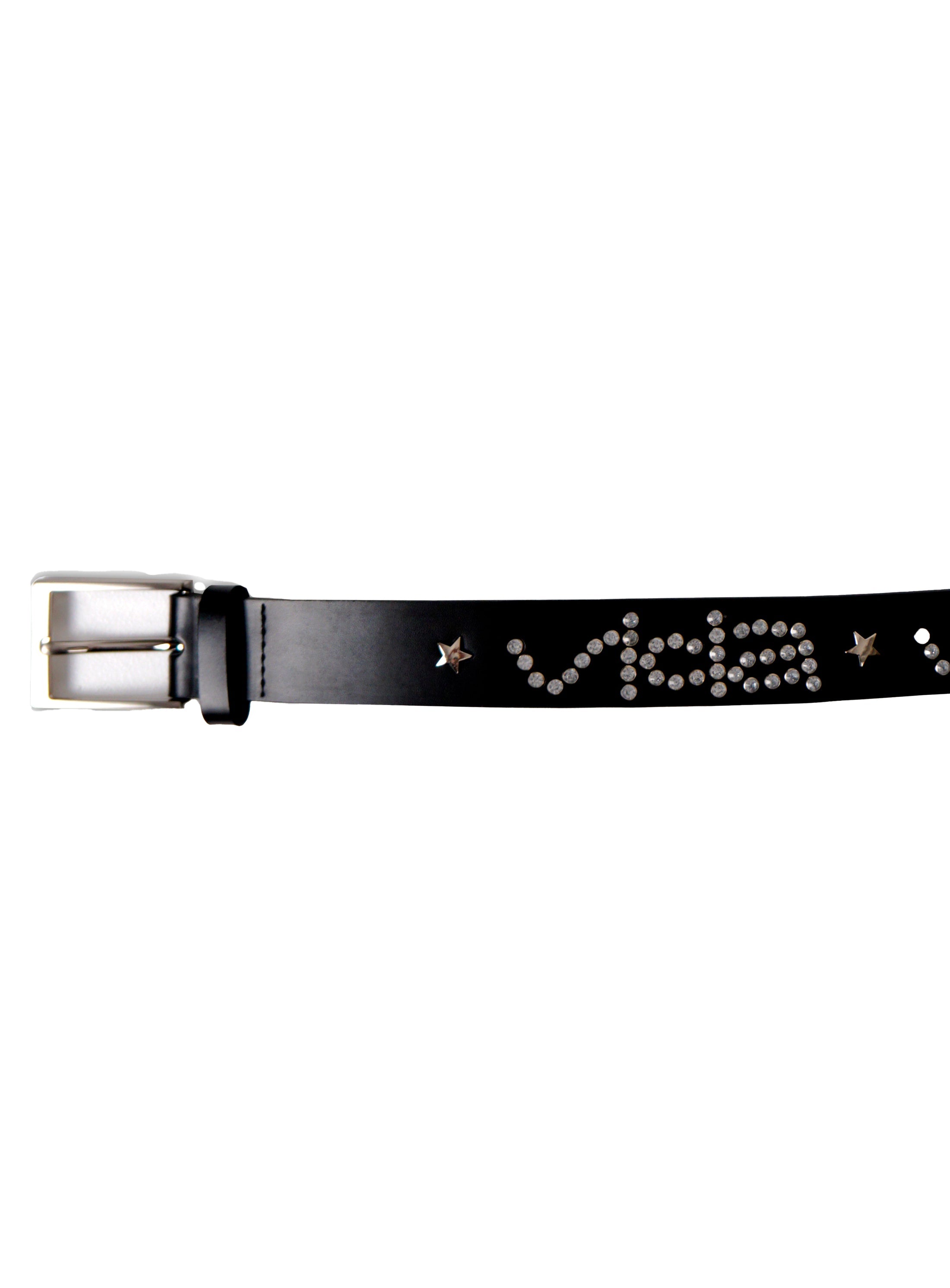 The V1da Studded Leather Belt is crafted from genuine black leather and features a silver buckle, silver rivets, and metal star-shaped studs in a striking pattern.