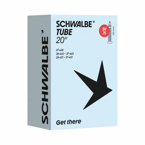 A Schwalbe SV7-EL 20 Inch Inner Tube with an extra light Presta valve (SV 75), featuring compatibility sizes and a bold black logo on a light blue box.