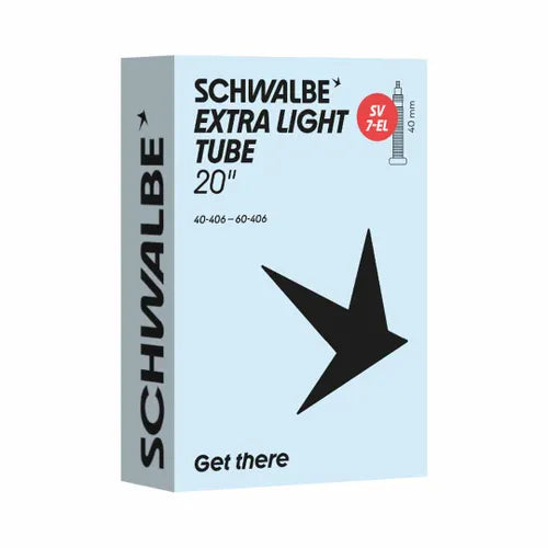 Box of Schwalbe SV7S 20 Inch Inner Tube with Presta valve, displaying bold branding and a black bird graphic on a light blue box—perfect for 20-inch wheel bikes needing a quality Schwalbe tube.