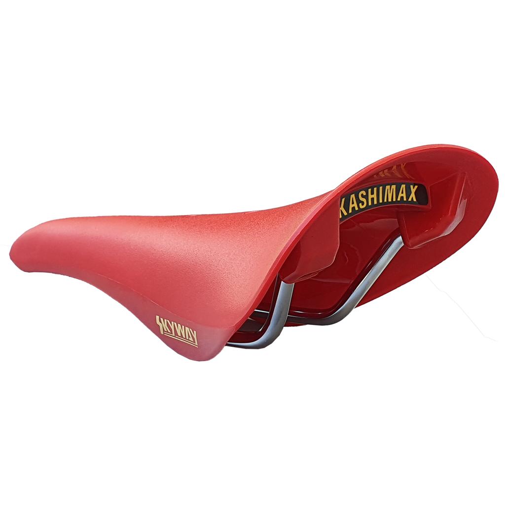 A Kashimax Aero BMX AMX-C Railed Seat in red with metal rails, shown from the rear against a plain white background.