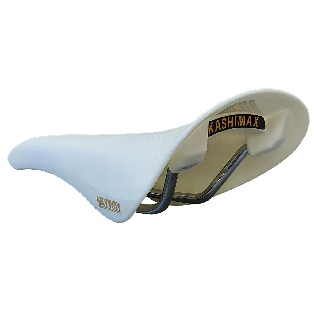 The Kashimax Aero BMX AMX-C Railed Seat is a Japanese-made white bike seat with metal rails and "KASHIMAX" branding on the side and back, shown here on a white background.