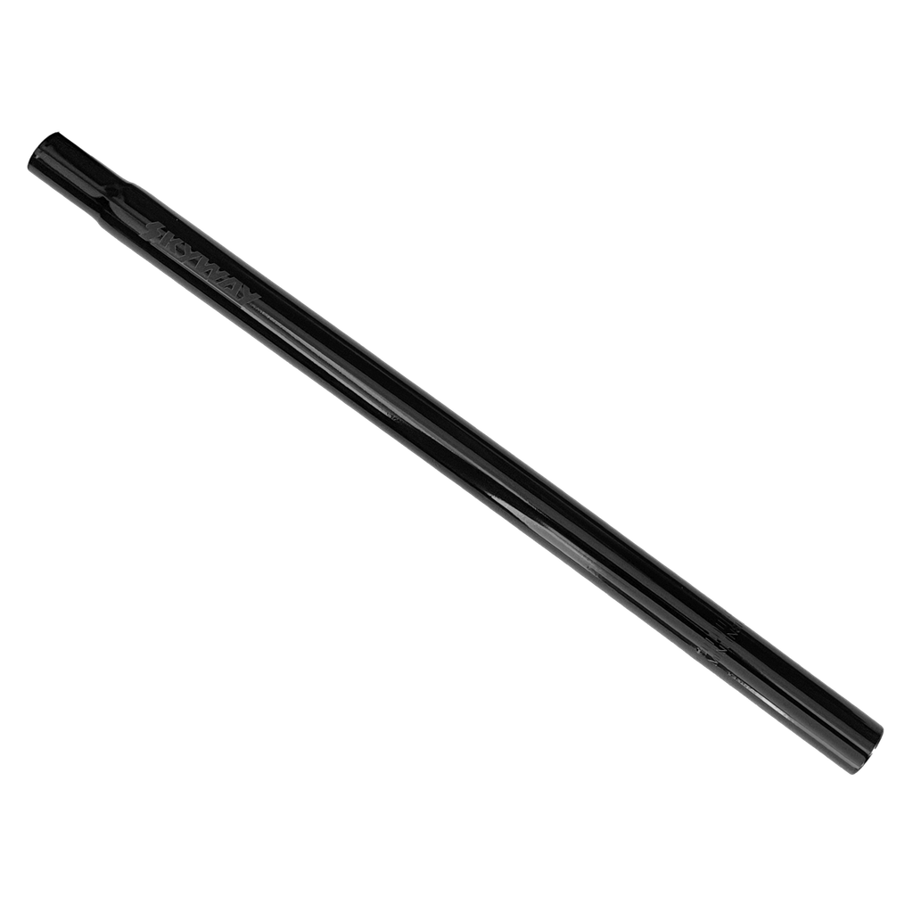 A black drinking straw with the word "Skyway Retro Straight Railed Seat Post" printed on it, isolated on a retro black background.