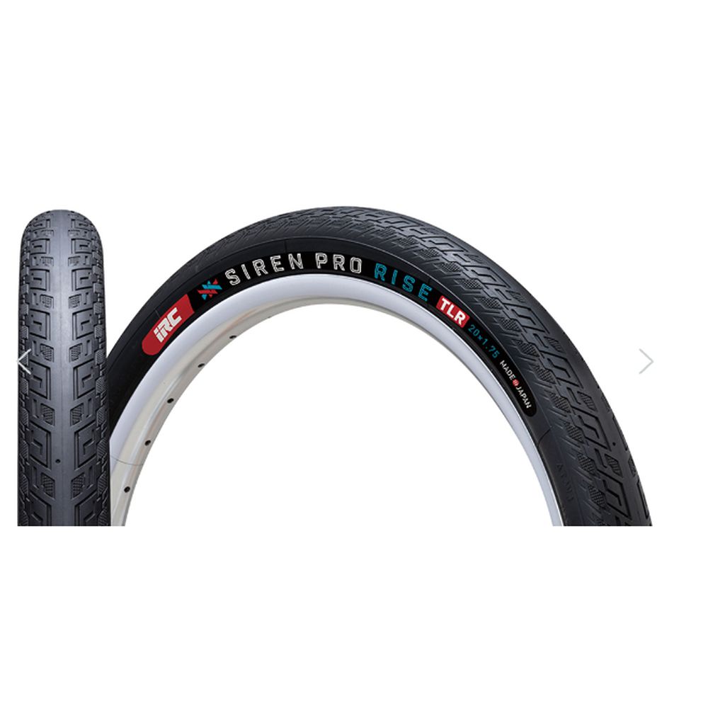 Two IRC Siren Pro Rise Tyres with detailed tread patterns, one partially overlapping the other, labeled "the siren pro rise tire.