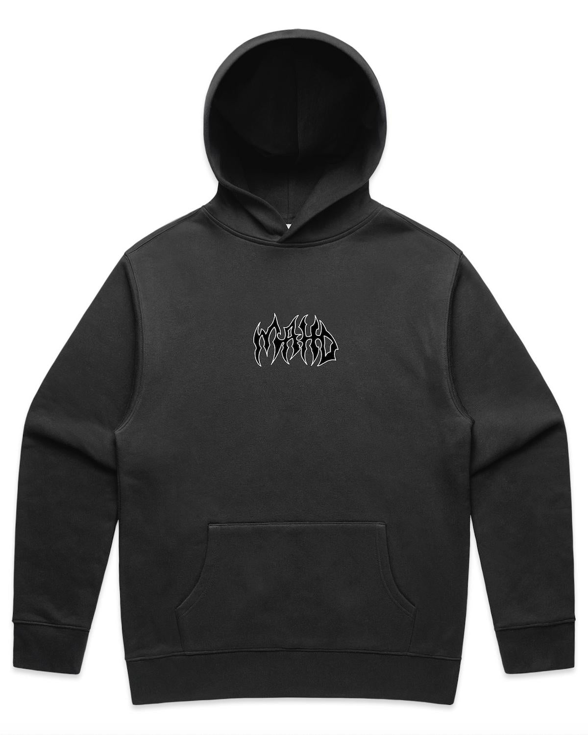 Mahd Metal Hoodie: Black hooded sweatshirt featuring a front pocket and small white stylized "WORLD WIRED" text design on the chest.