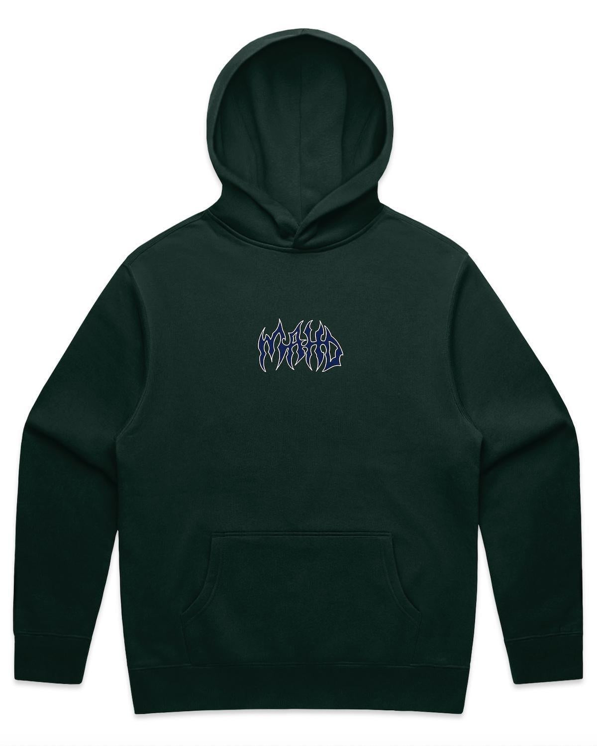 The Mahd Metal Hoodie is a black hooded sweatshirt featuring a small blue flame-style “WORLD” graphic centered on the chest.