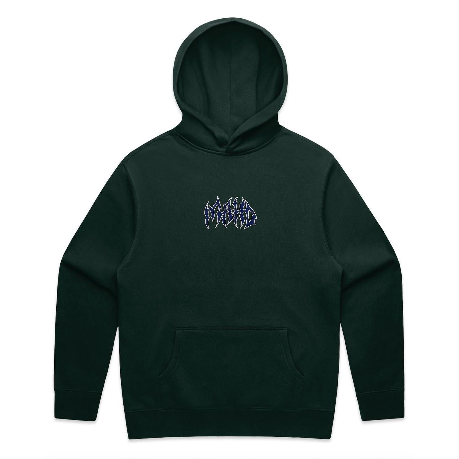 The Mahd Metal Hoodie is a black hooded sweatshirt featuring a small blue flame-style “WORLD” graphic centered on the chest.