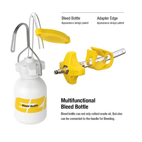 The EZMTB Universal Brake Bleed Kit - Pro Model includes a multifunctional bleed bottle with a yellow adapter edge, metal hook, and labeled container for collecting oil and connecting to bleeding handles.