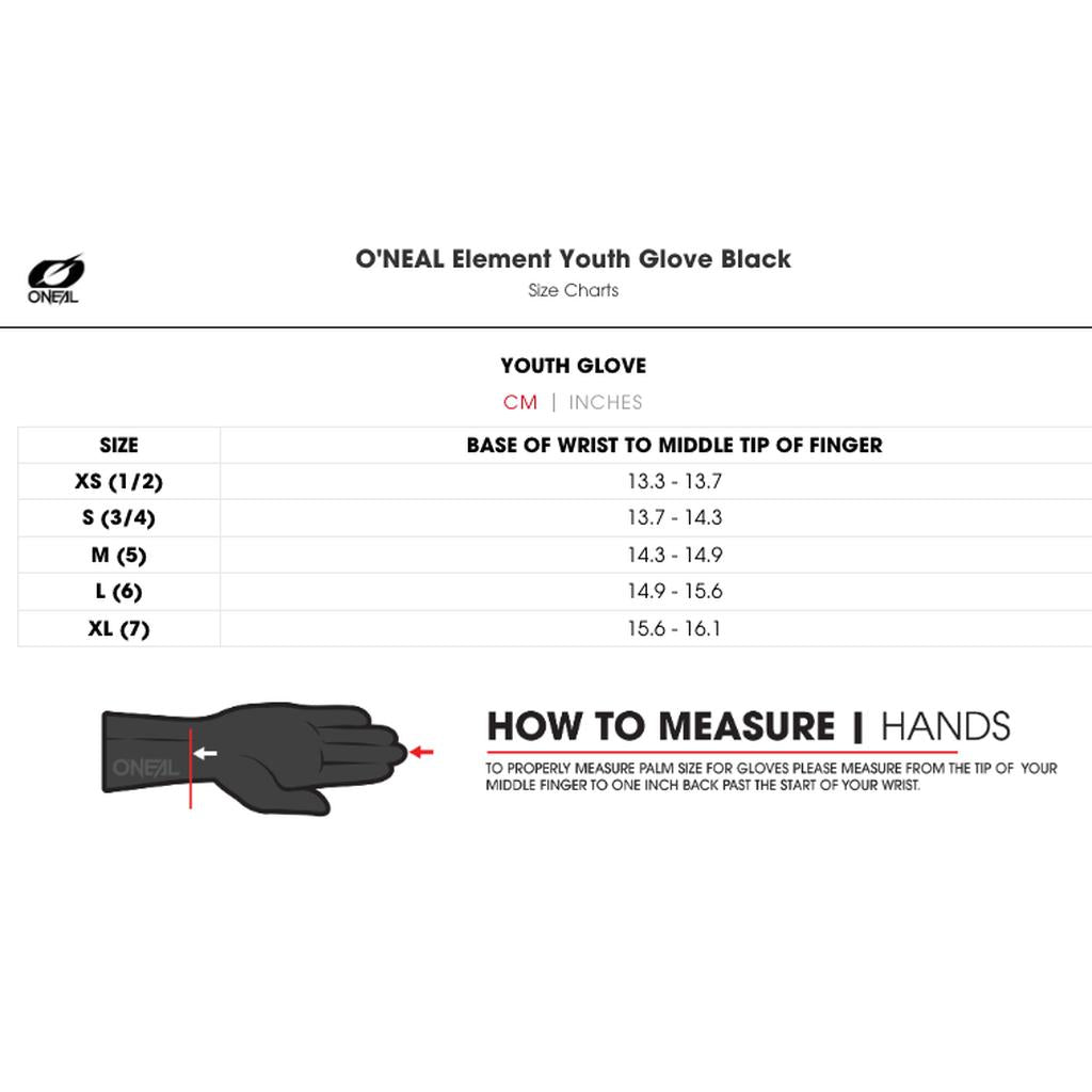 Oneal 25 Element Youth Gloves size chart displays wrist-to-fingertip measurements in centimeters, plus a diagram to guide hand measurement—helping young riders find the perfect, durable fit.
