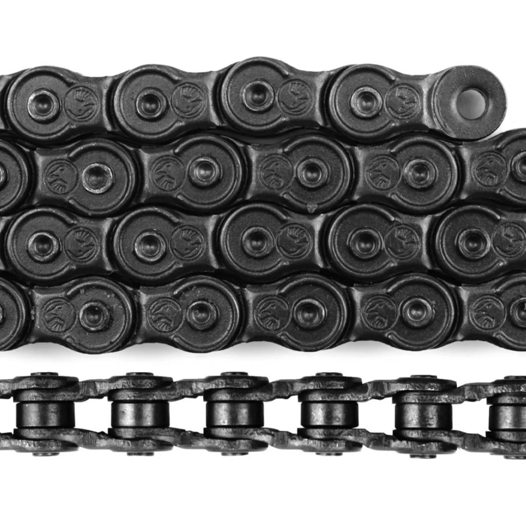 Close-up of the Shadow Conspiracy Supreme Chain BMX chain, showcasing several overlapping links from a top view and one side view, emphasizing its structure and texture.