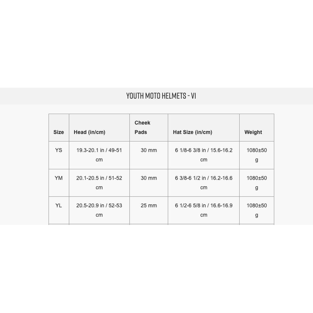 Table displaying Fox YTH V1 Taunt Helmet youth sizes—YS, YM, and YL—with head size, cheek pad thickness, hat size, and weight details for entry-level moto helmet options.