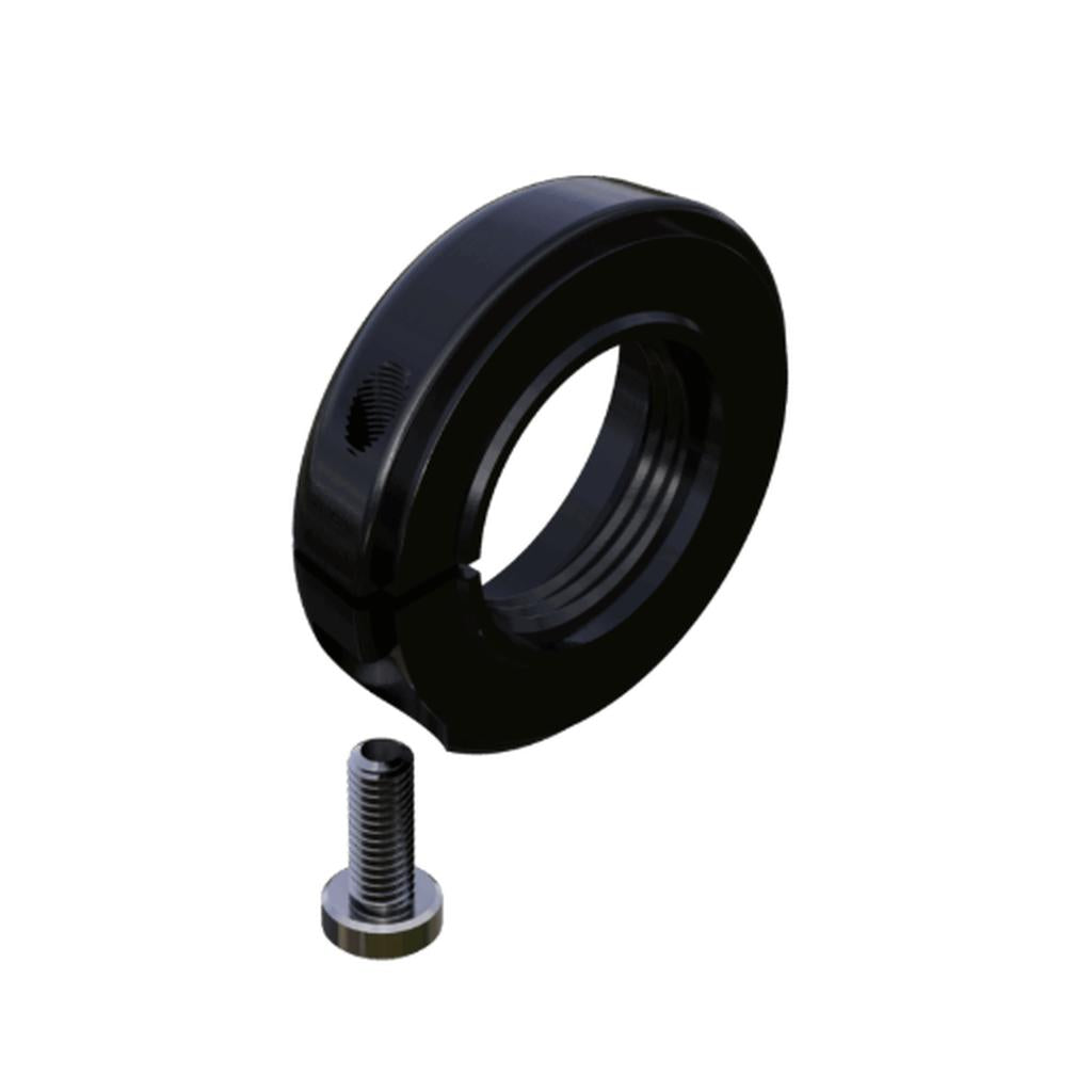 Onyx Axle Locking Nut in black metal with a threaded hole, displayed alongside a matching silver screw on a white background.