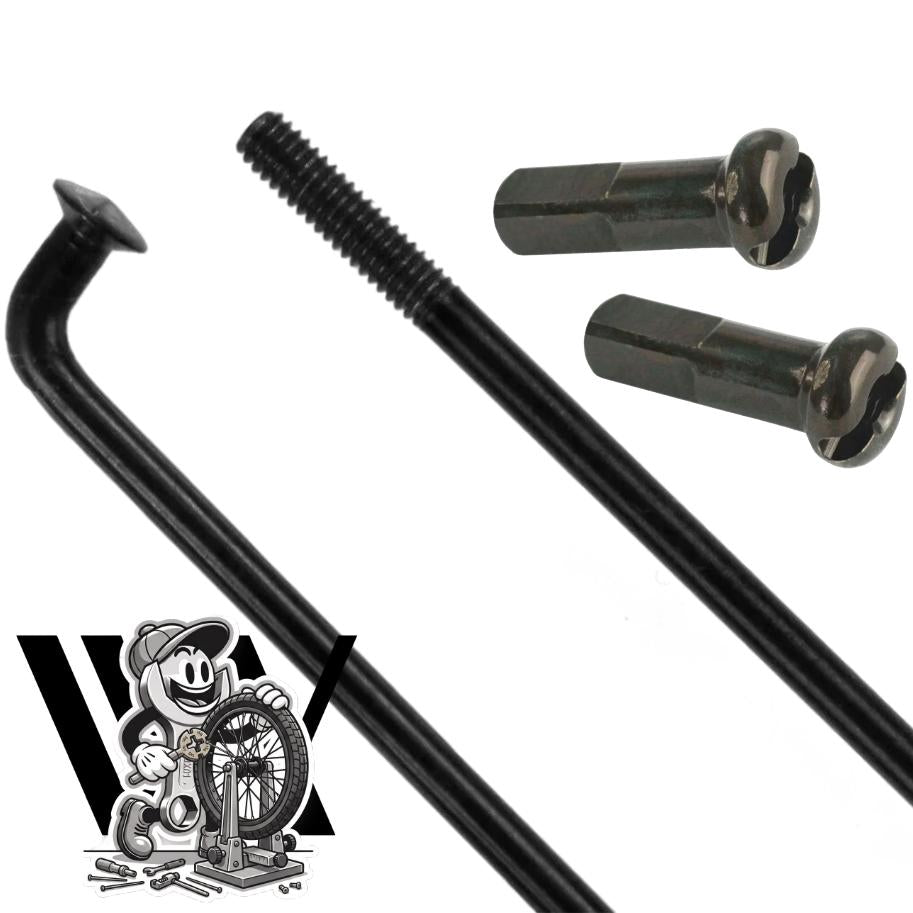 Spectre High Strength Wheel Build (36 Hole): Features durable black stainless steel spokes with threaded ends, two high-quality brass nipples, and includes a fun cartoon illustration of a character fixing a bicycle wheel—perfect for building a robust and reliable wheel.