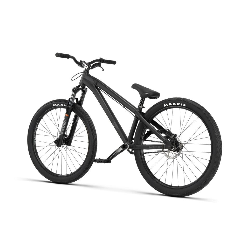 A Radio 26 Inch Griffin Pro Bike in black, featuring an alloy frame, front suspension, disc brakes, and Maxxis tires, displayed on a white background.